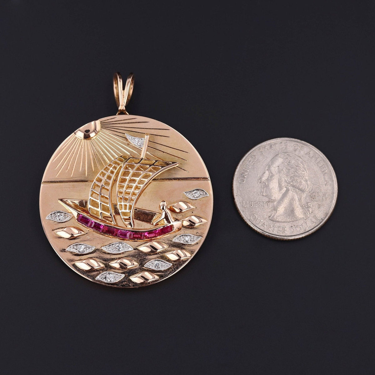 Vintage Mid Century Boat with Ruby and Diamonds Pendant of 18k Gold - Trademark Antiques