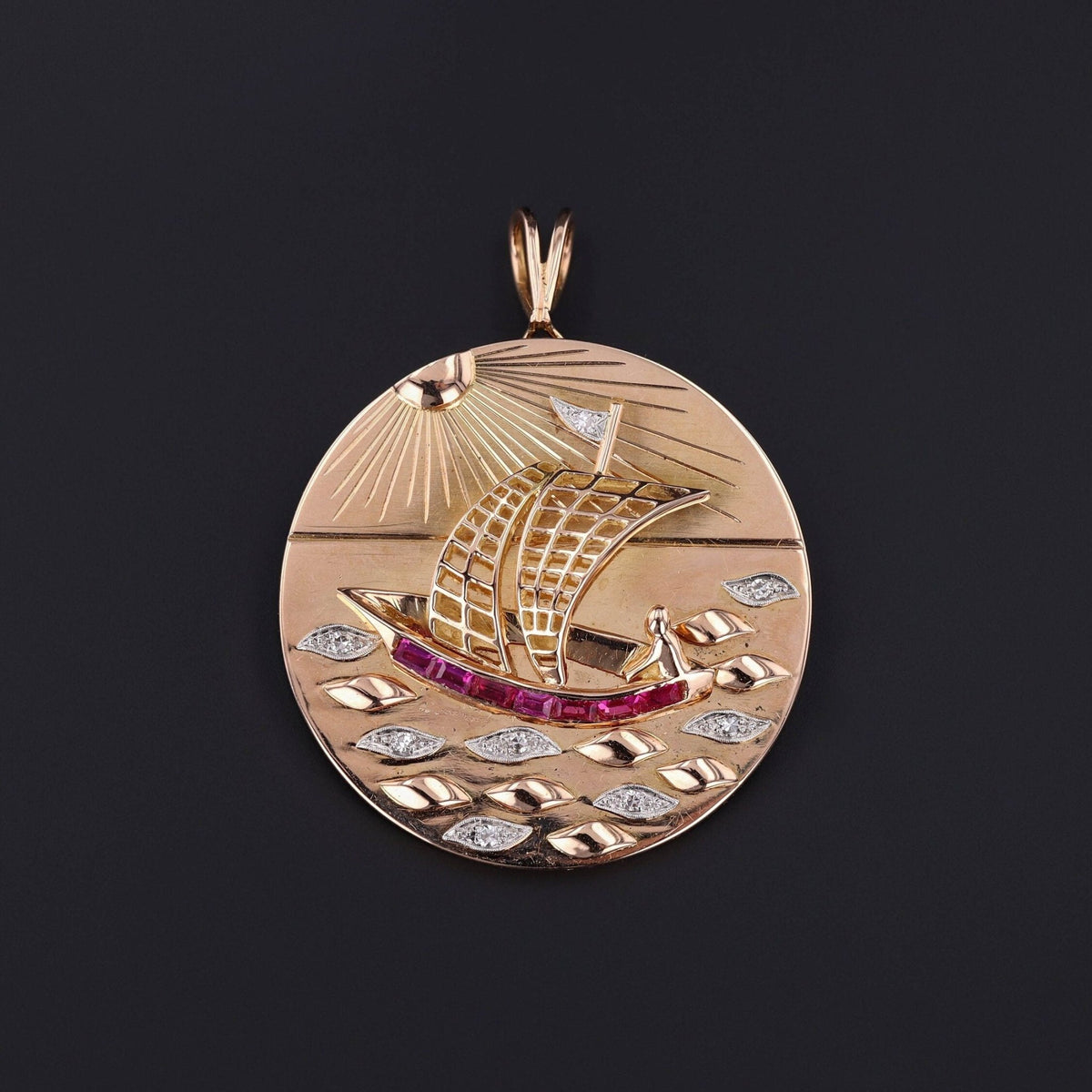 Vintage Mid Century Boat with Ruby and Diamonds Pendant of 18k Gold - Trademark Antiques