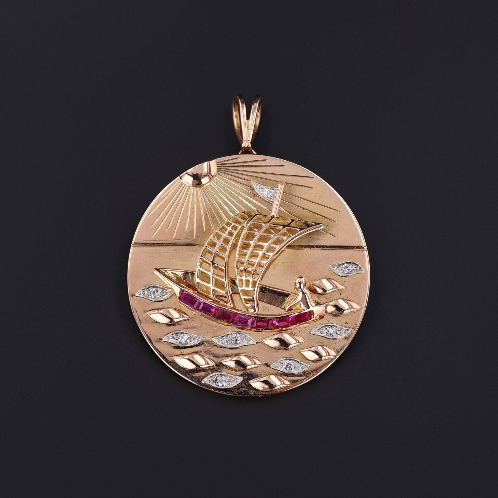 Vintage Mid Century Boat with Ruby and Diamonds Pendant of 18k Gold - Trademark Antiques