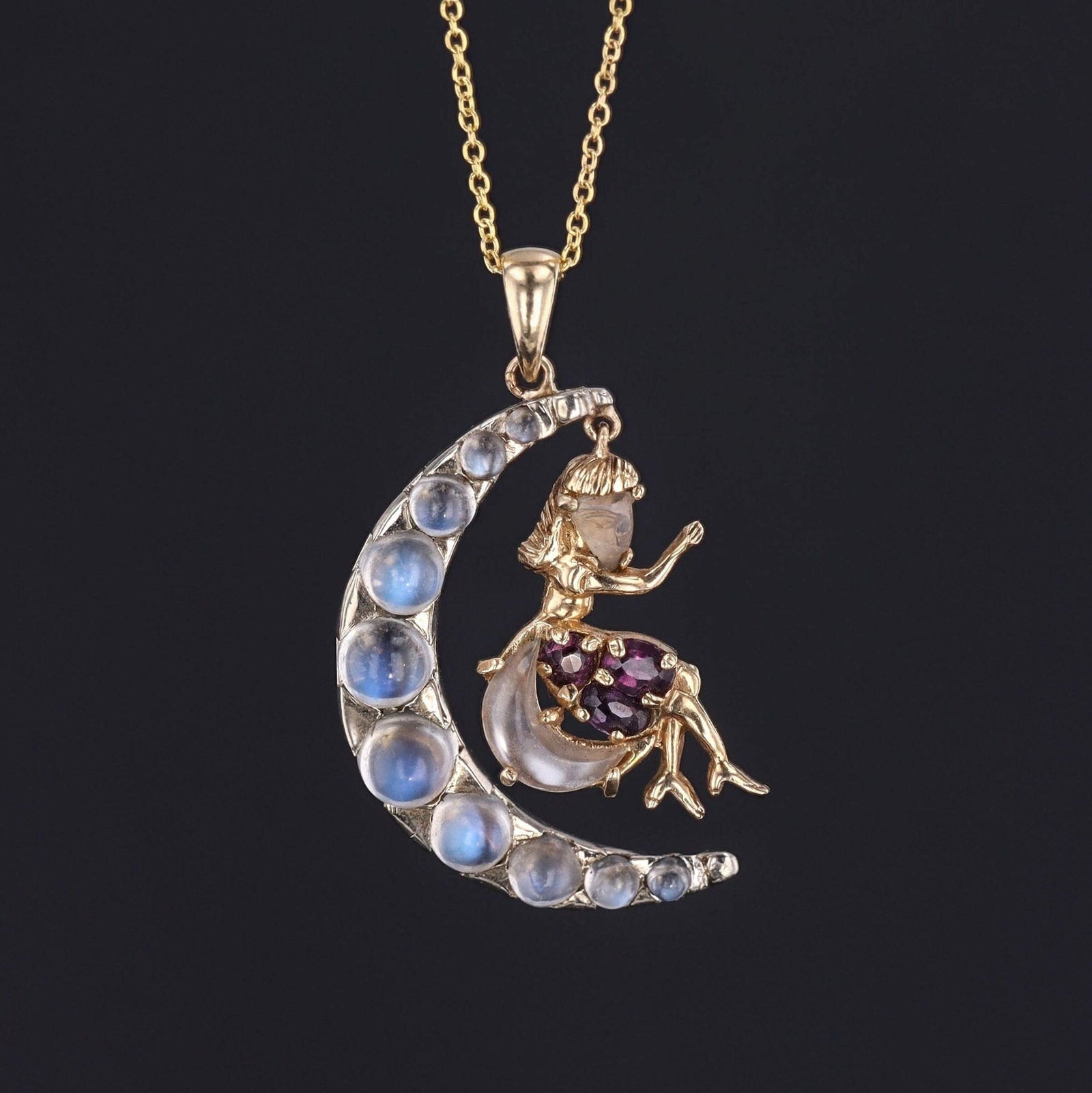 Vintage Moonstone Woman in the Moon Pendant of 14k Gold - Trademark Antiques