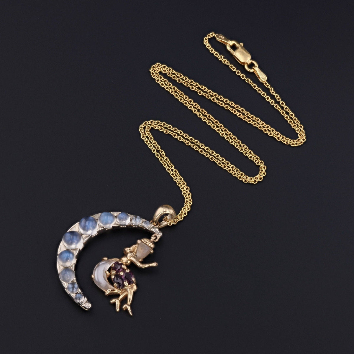 Vintage Moonstone Woman in the Moon Pendant of 14k Gold - Trademark Antiques