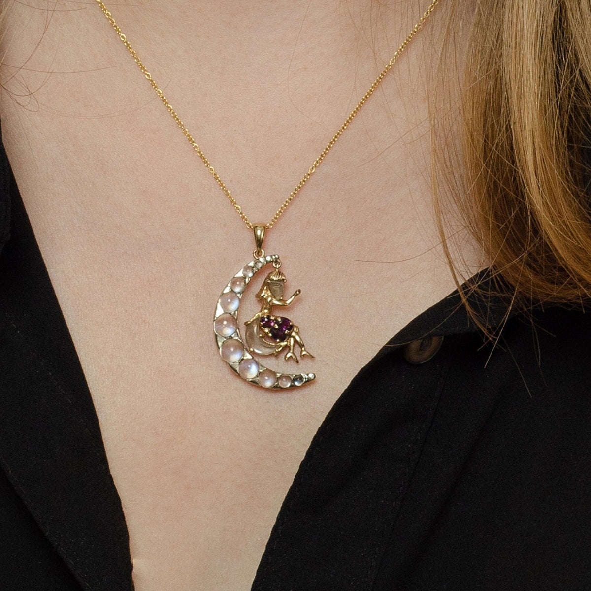 Vintage Moonstone Woman in the Moon Pendant of 14k Gold - Trademark Antiques