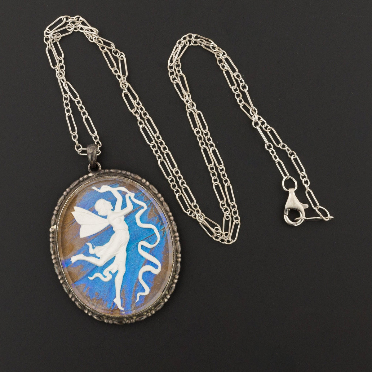 Vintage Morpho Butterfly Wing Pendant with Fairy - Trademark Antiques