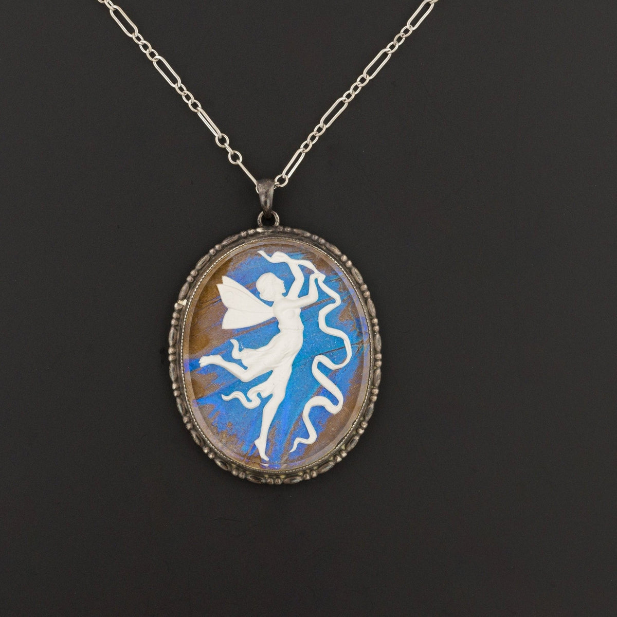 Vintage Morpho Butterfly Wing Pendant with Fairy - Trademark Antiques