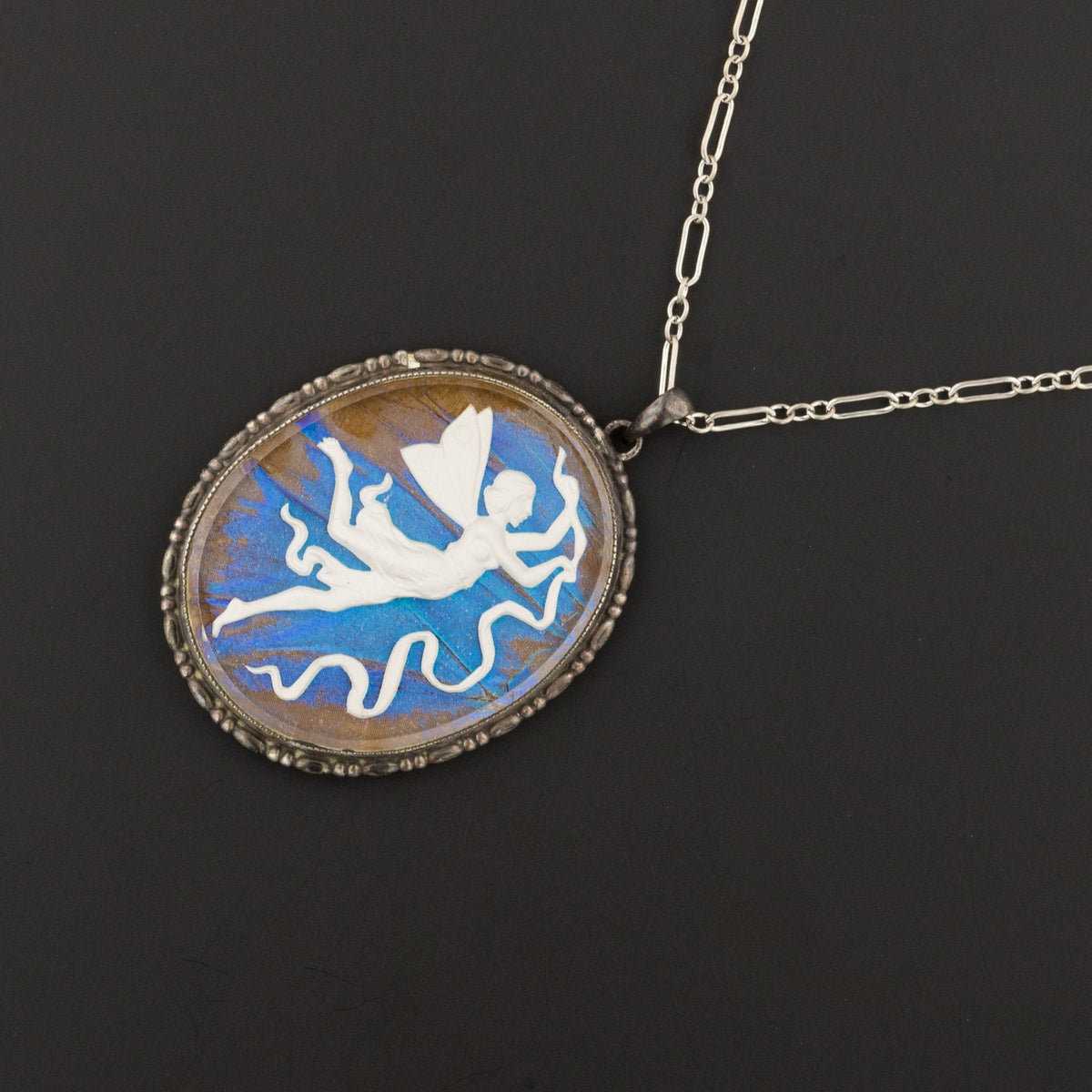 Vintage Morpho Butterfly Wing Pendant with Fairy - Trademark Antiques