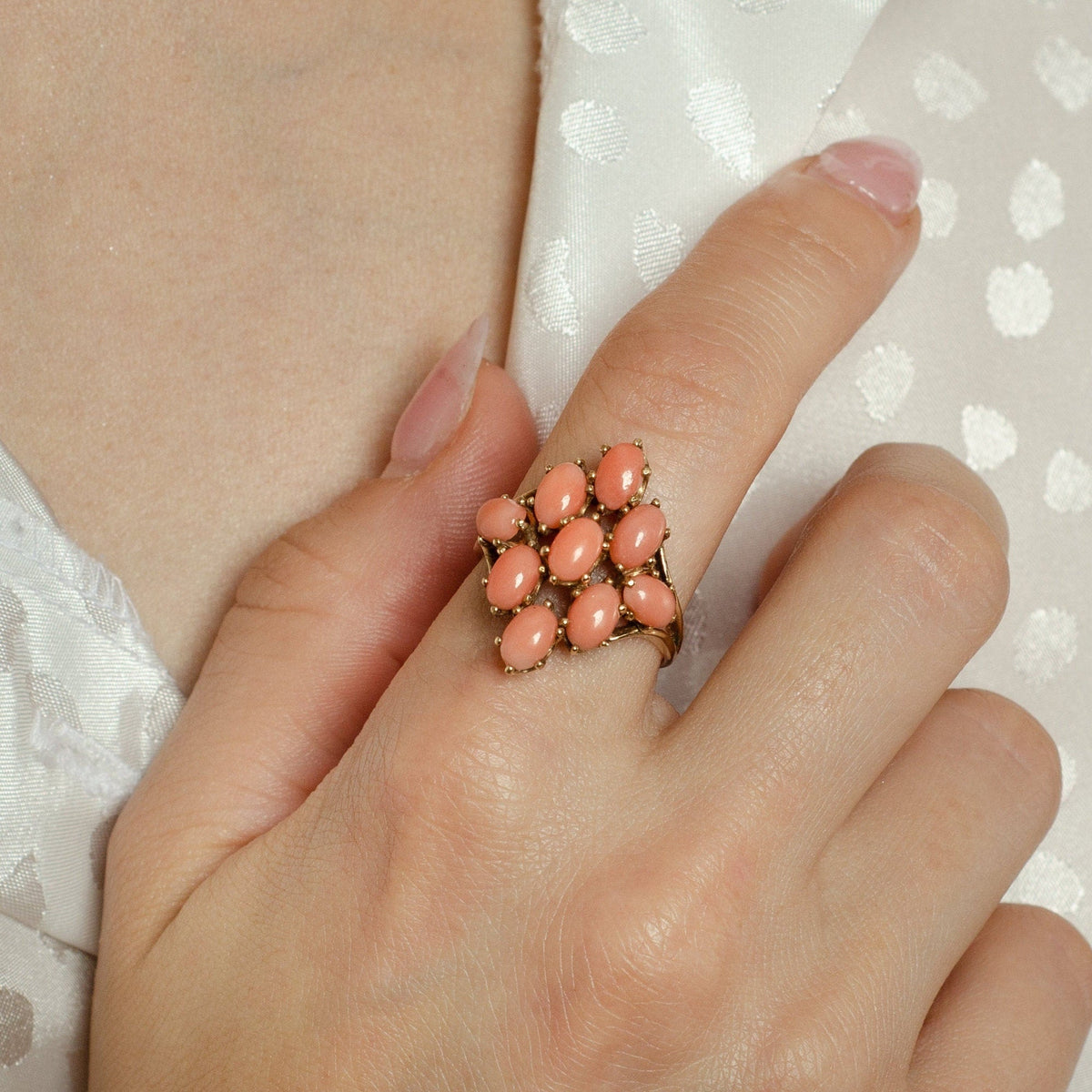 Vintage Multi - Stone Coral Ring of 10k Gold - Trademark Antiques