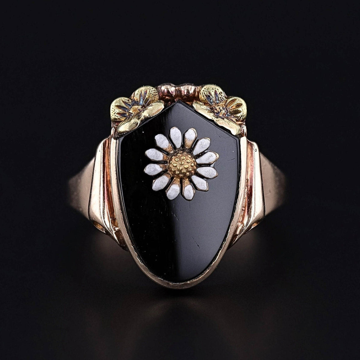 Vintage Onyx and Enamel Daisy Ring of 10k Gold - Trademark Antiques