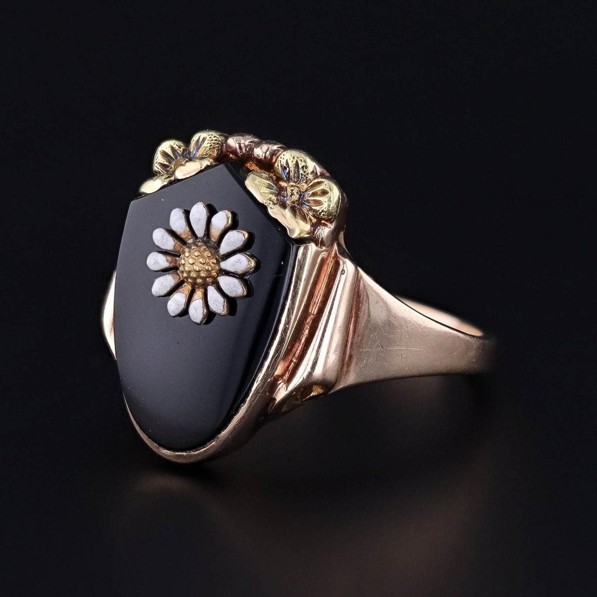Vintage Onyx and Enamel Daisy Ring of 10k Gold - Trademark Antiques