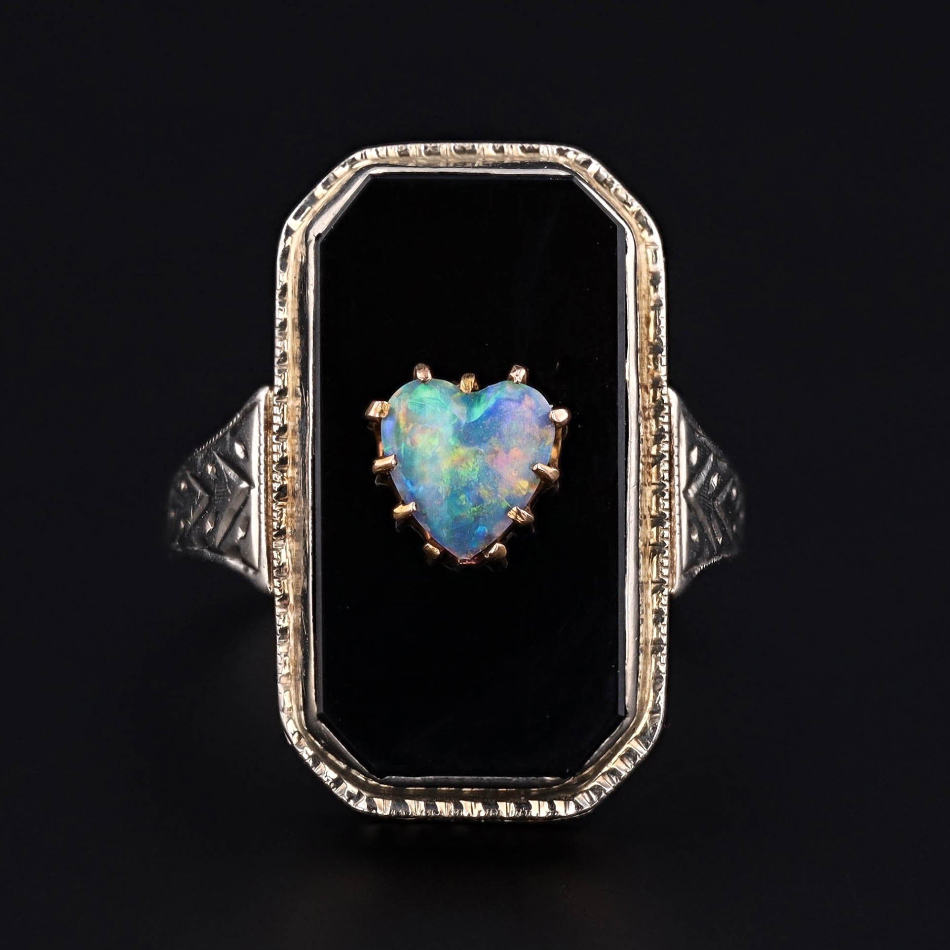 Vintage Onyx and Opal Heart Conversion Filigree Ring of 14k White Gold - Trademark Antiques