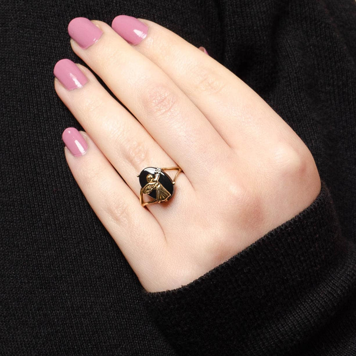 Vintage Onyx Angel Ring of 10k Gold - Trademark Antiques