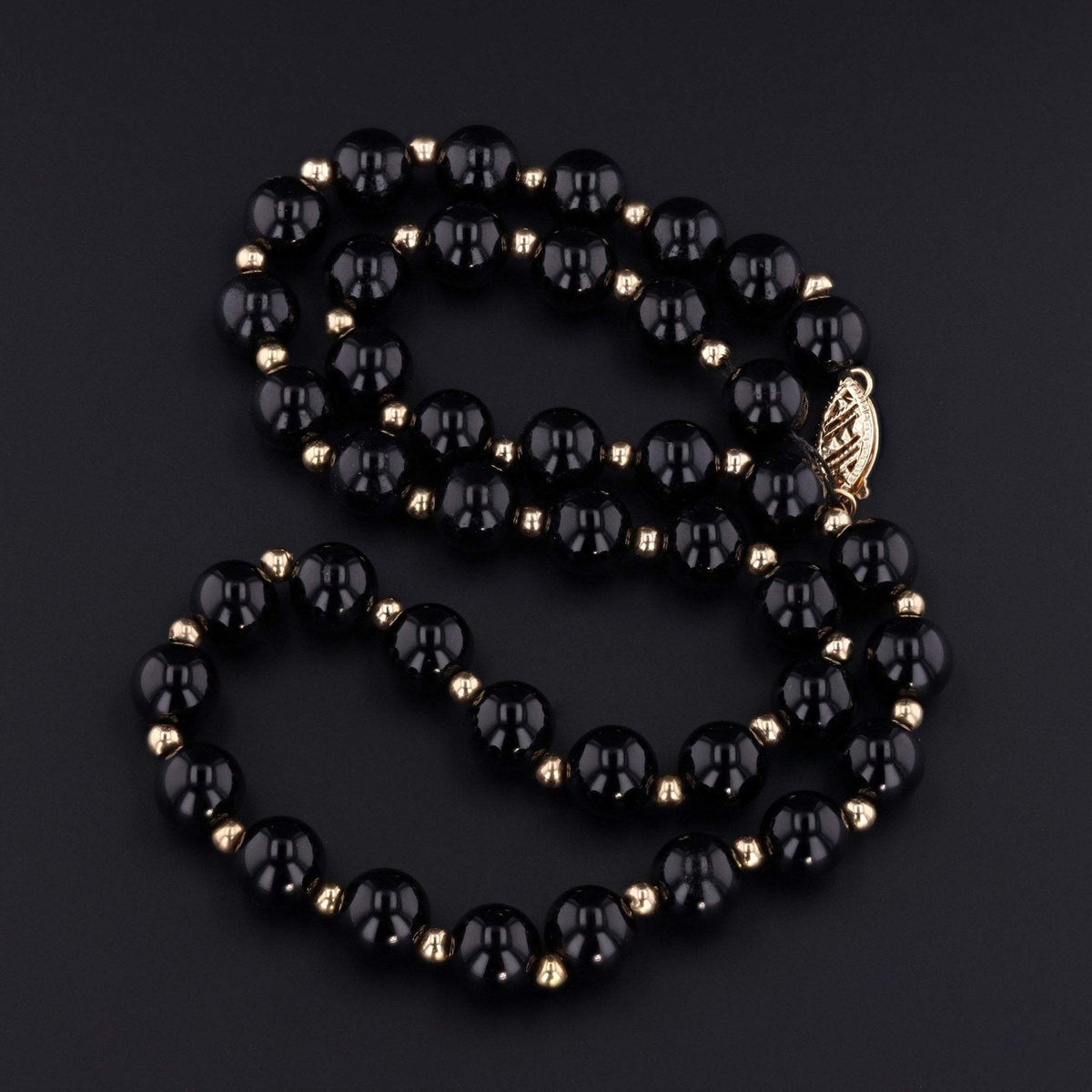 Vintage Onyx Bead Necklace &amp; Bracelet Set | 14k Gold - Trademark Antiques