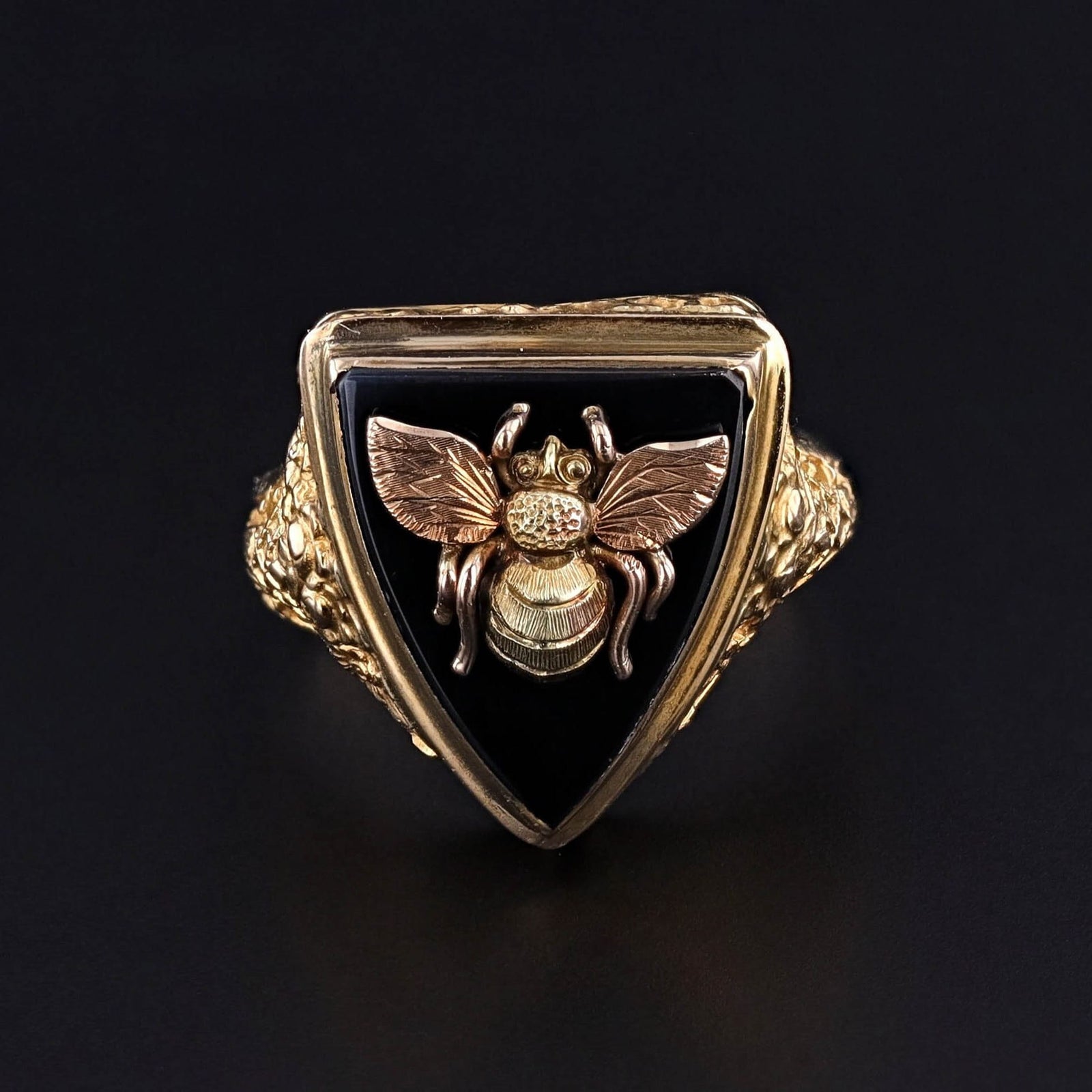 Vintage Onyx Bee Ring of 10k Gold - Trademark Antiques