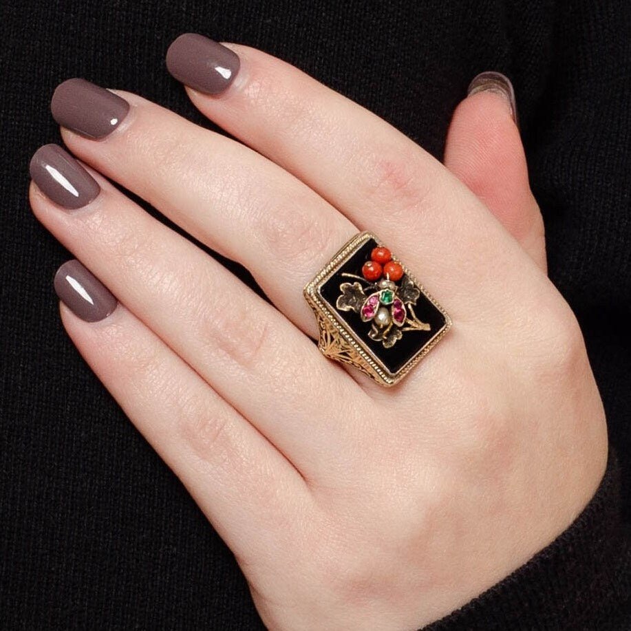 Vintage Onyx, Coral &amp; Glass Insect Conversion Ring of 14k Gold - Trademark Antiques