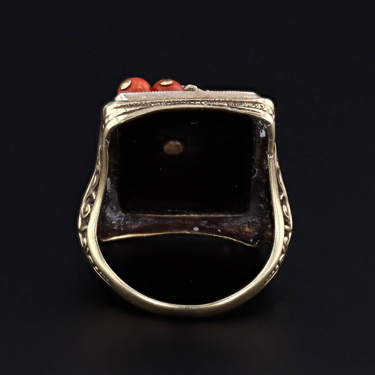 Vintage Onyx, Coral &amp; Glass Insect Conversion Ring of 14k Gold - Trademark Antiques
