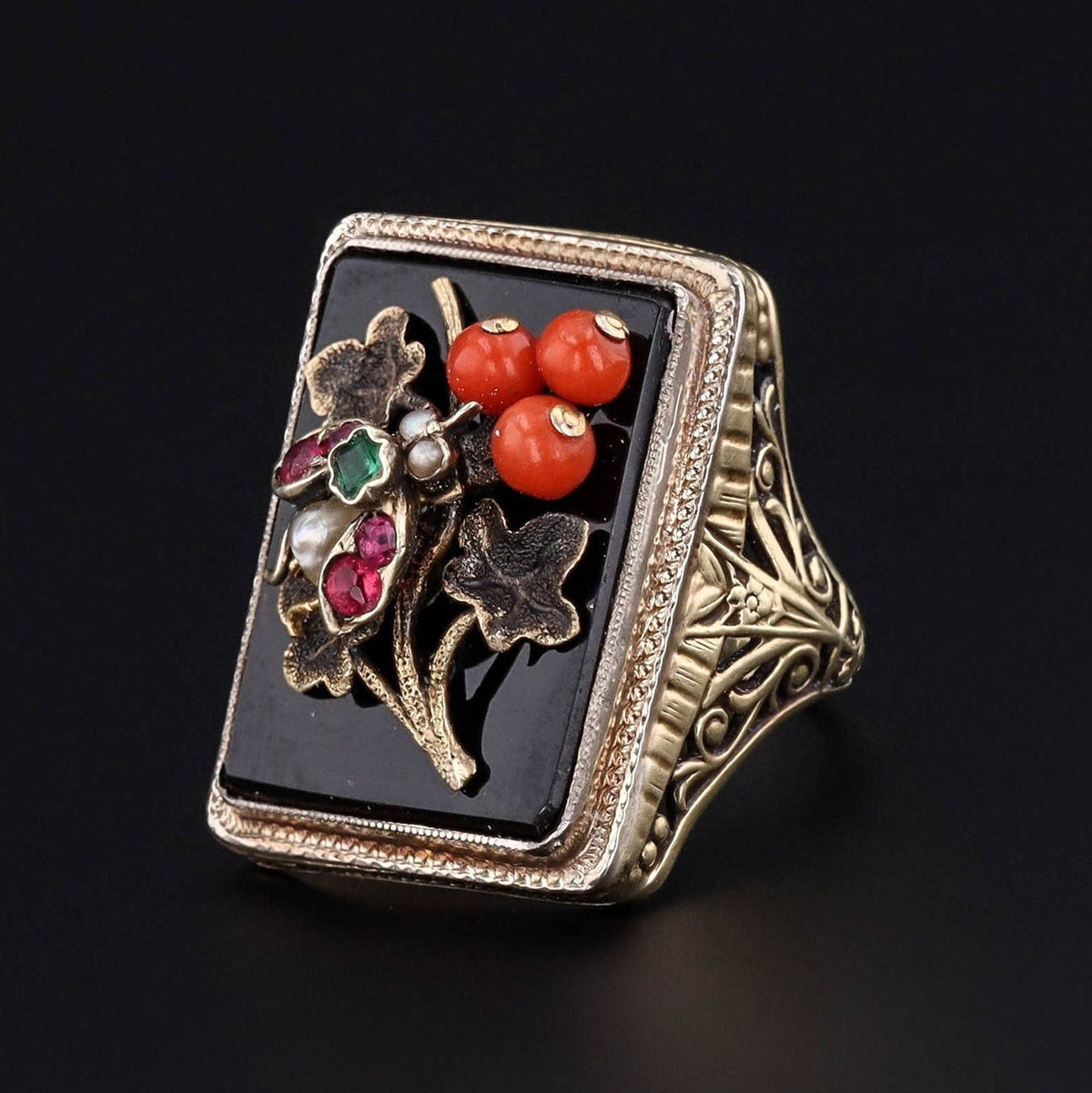 Vintage Onyx, Coral &amp; Glass Insect Conversion Ring of 14k Gold - Trademark Antiques