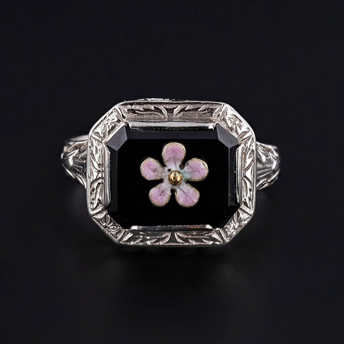 Vintage Onyx Flower Ring of 14k White Gold - Trademark Antiques