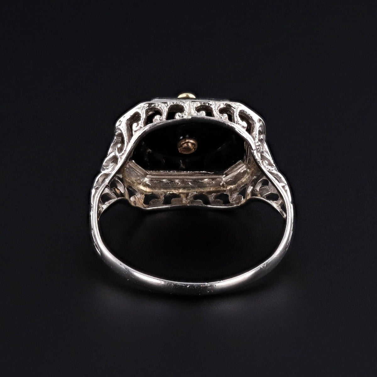 Vintage Onyx Flower Ring of 14k White Gold - Trademark Antiques