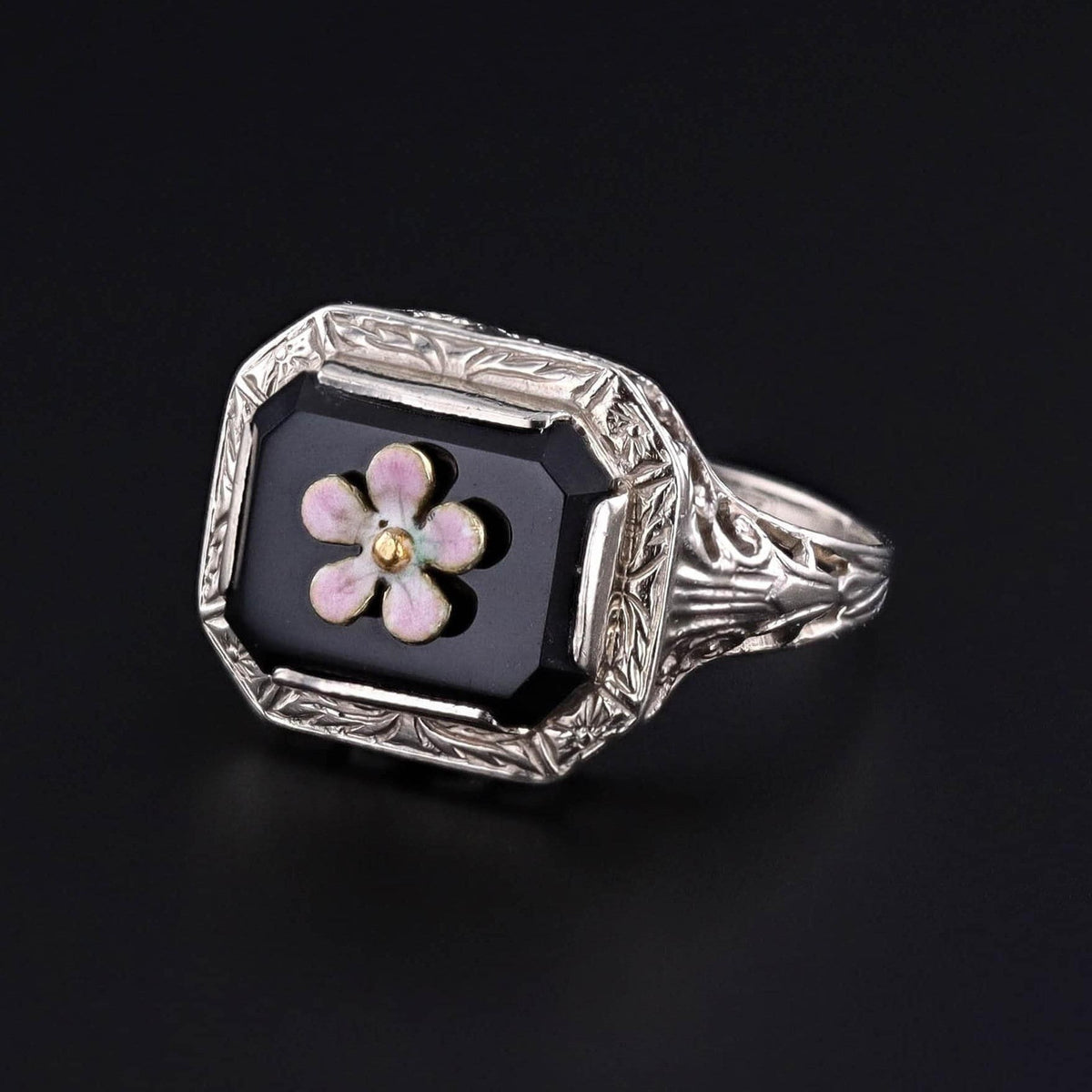 Vintage Onyx Flower Ring of 14k White Gold - Trademark Antiques