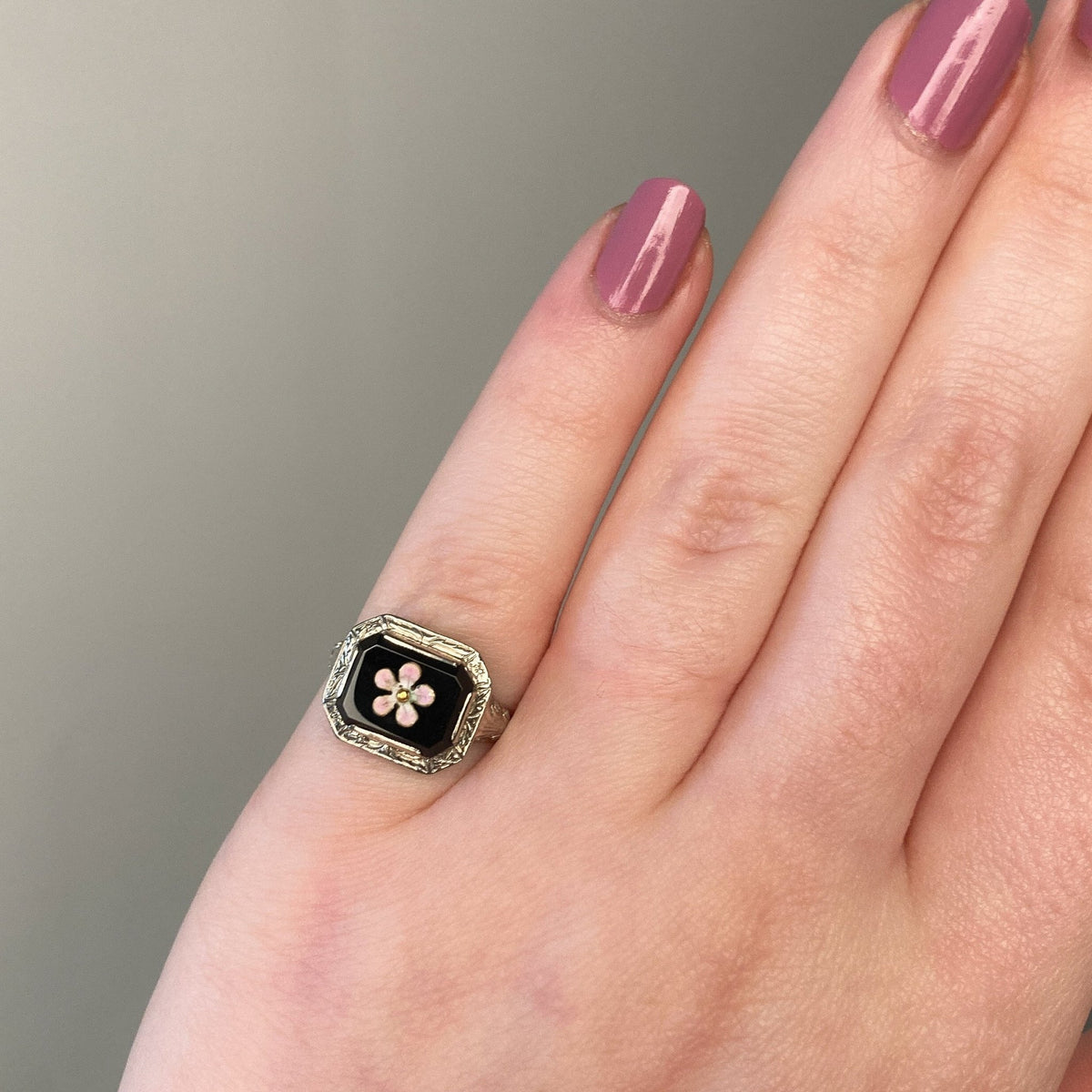 Vintage Onyx Flower Ring of 14k White Gold - Trademark Antiques