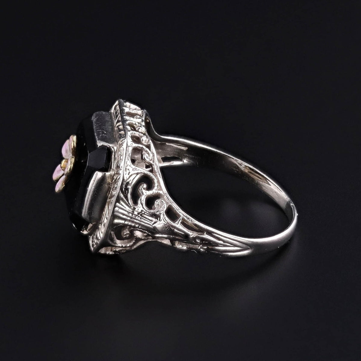 Vintage Onyx Flower Ring of 14k White Gold - Trademark Antiques