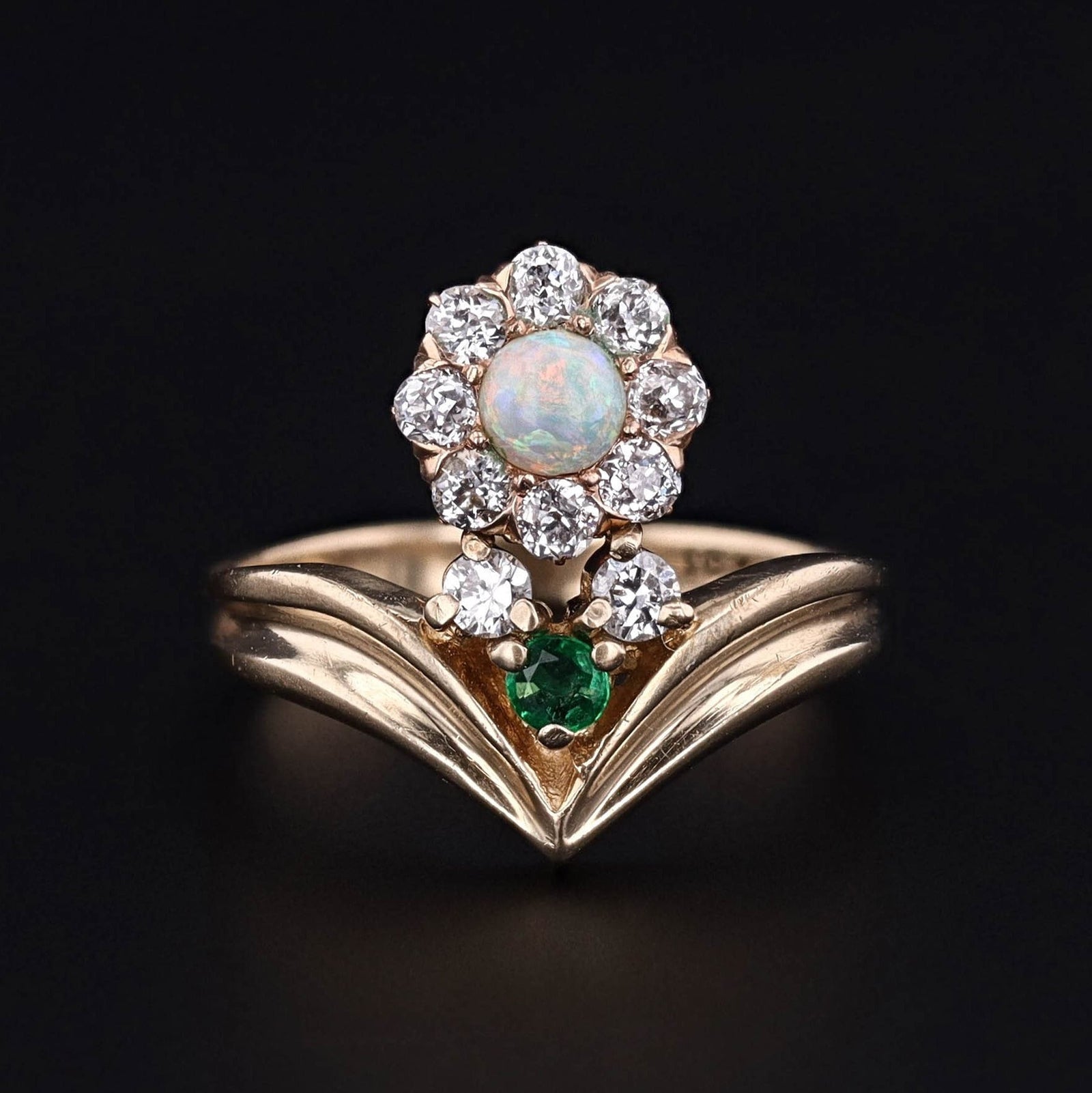 Vintage Opal Diamond & Emerald Flower Ring of 10k Gold - Trademark Antiques