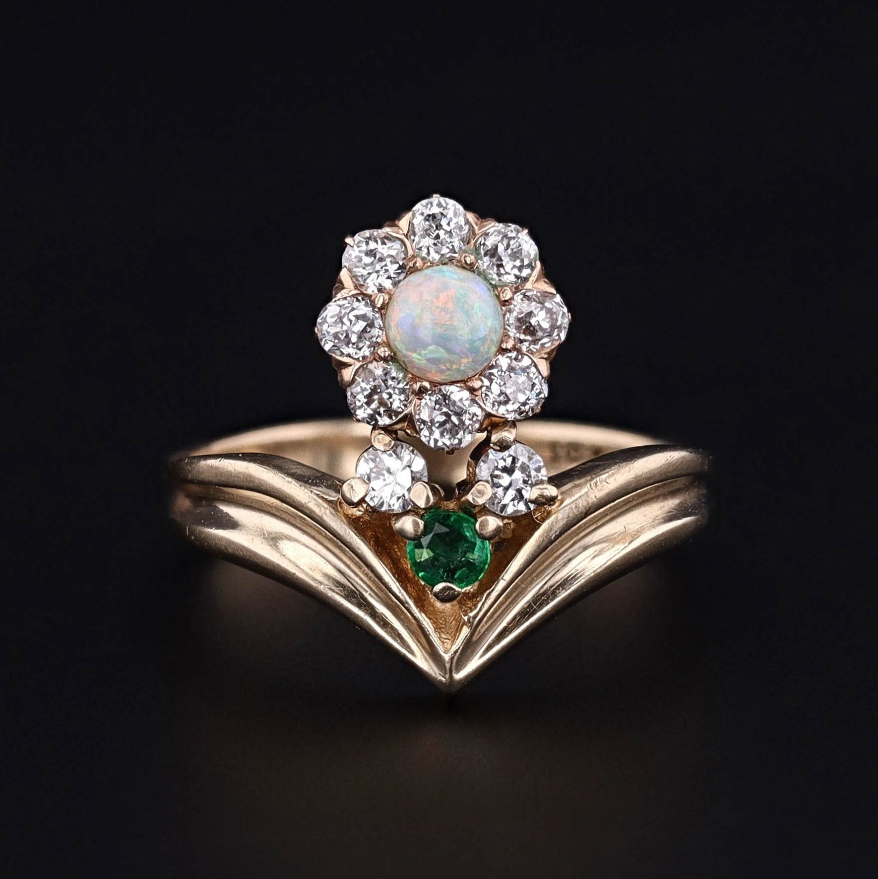 Vintage Opal Diamond & Emerald Flower Ring of 10k Gold - Trademark Antiques
