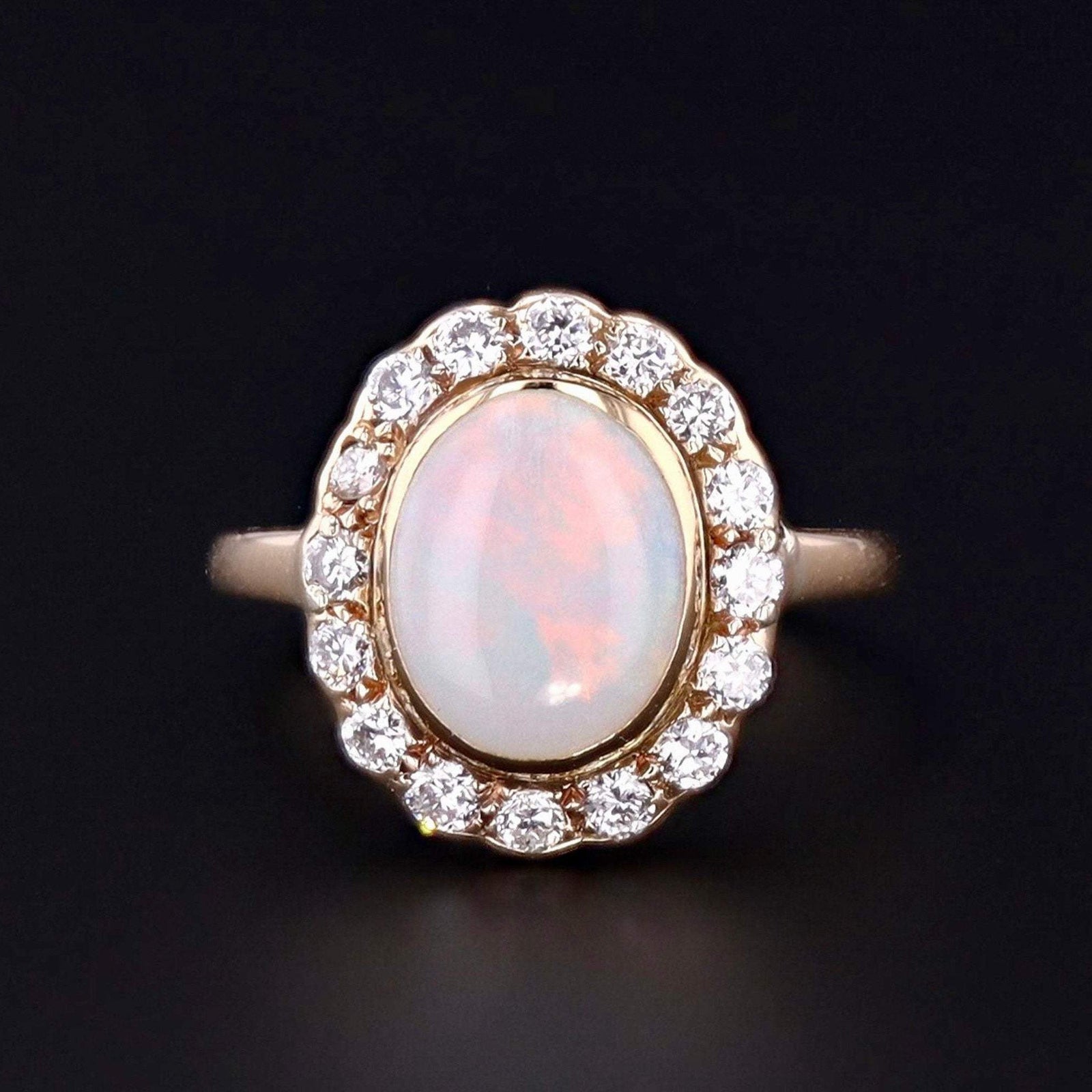 Vintage Opal & Diamond Ring | 14k White Gold Opal Ring - Trademark Antiques