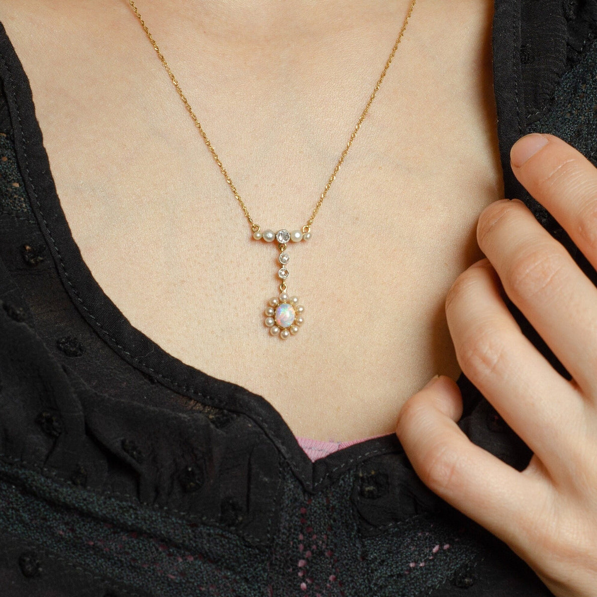 Vintage Opal Necklace | Opal, Pearl &amp; Diamond Necklace - Trademark Antiques