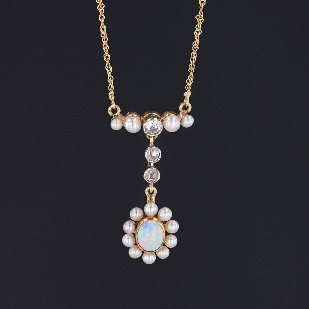 Vintage Opal Necklace | Opal, Pearl &amp; Diamond Necklace - Trademark Antiques