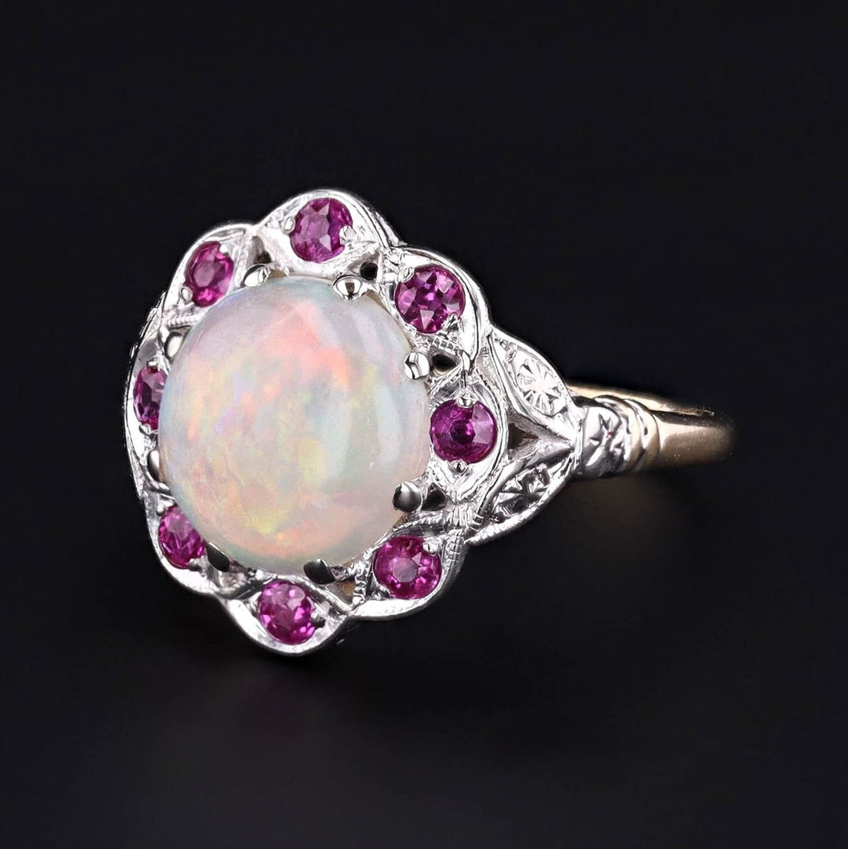 Vintage Opal Ring | 14k Gold Opal &amp; Ruby Ring - Trademark Antiques