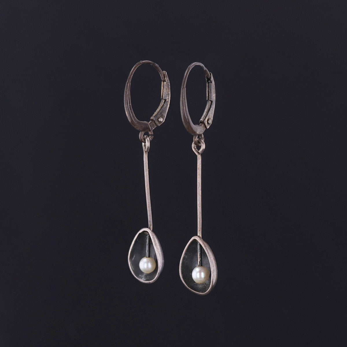 Vintage Oxidized Silver and Pearl Dangle Earrings - Trademark Antiques