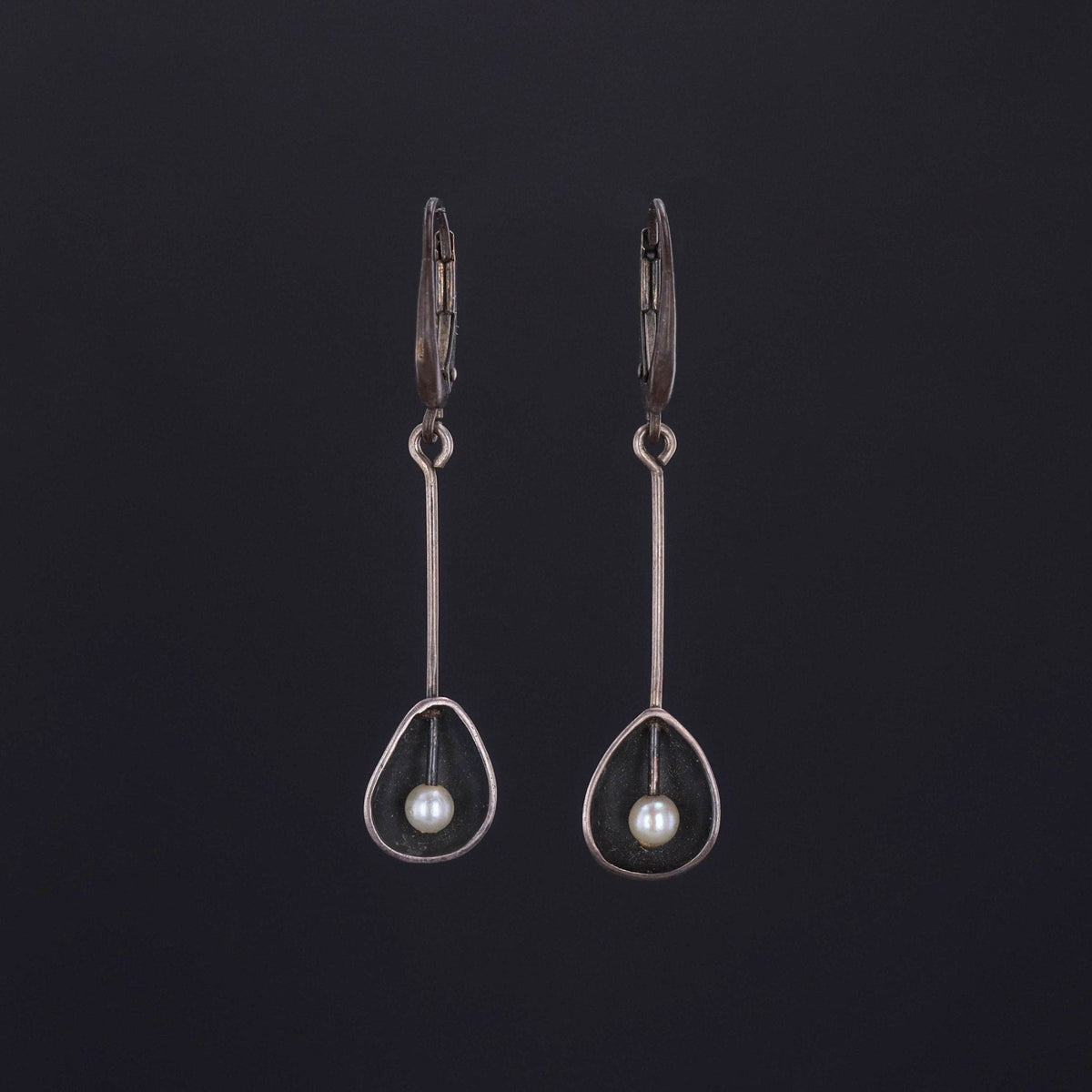 Vintage Oxidized Silver and Pearl Dangle Earrings - Trademark Antiques