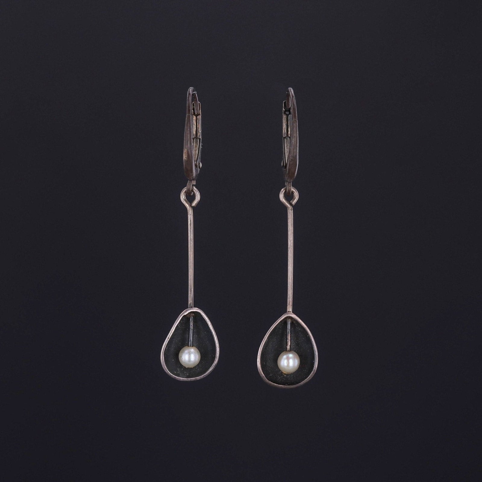 Vintage Oxidized Silver and Pearl Dangle Earrings - Trademark Antiques