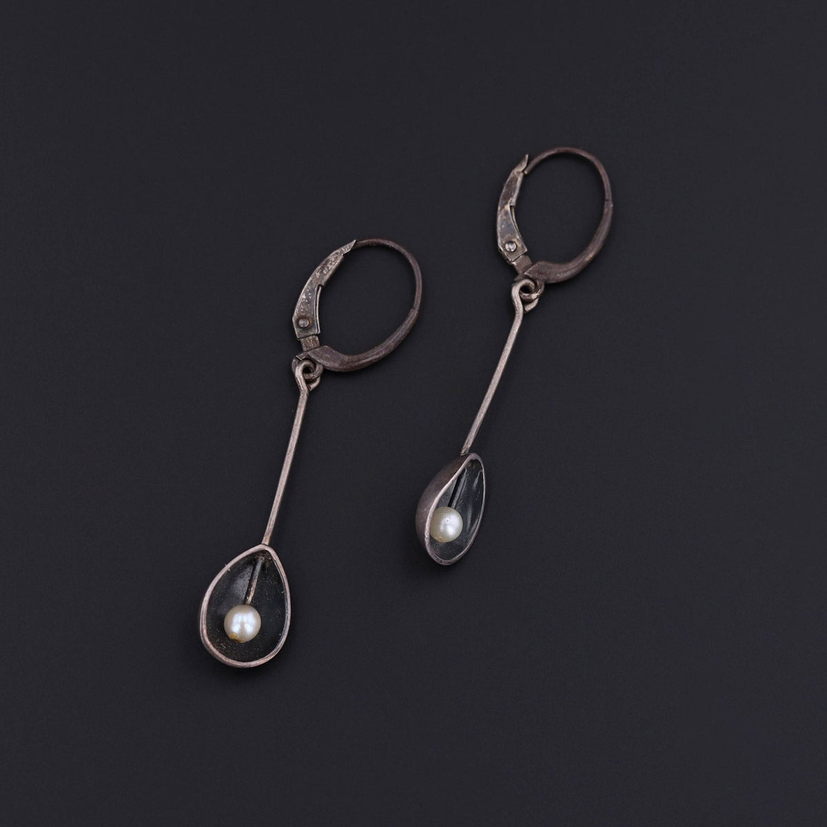 Vintage Oxidized Silver and Pearl Dangle Earrings - Trademark Antiques