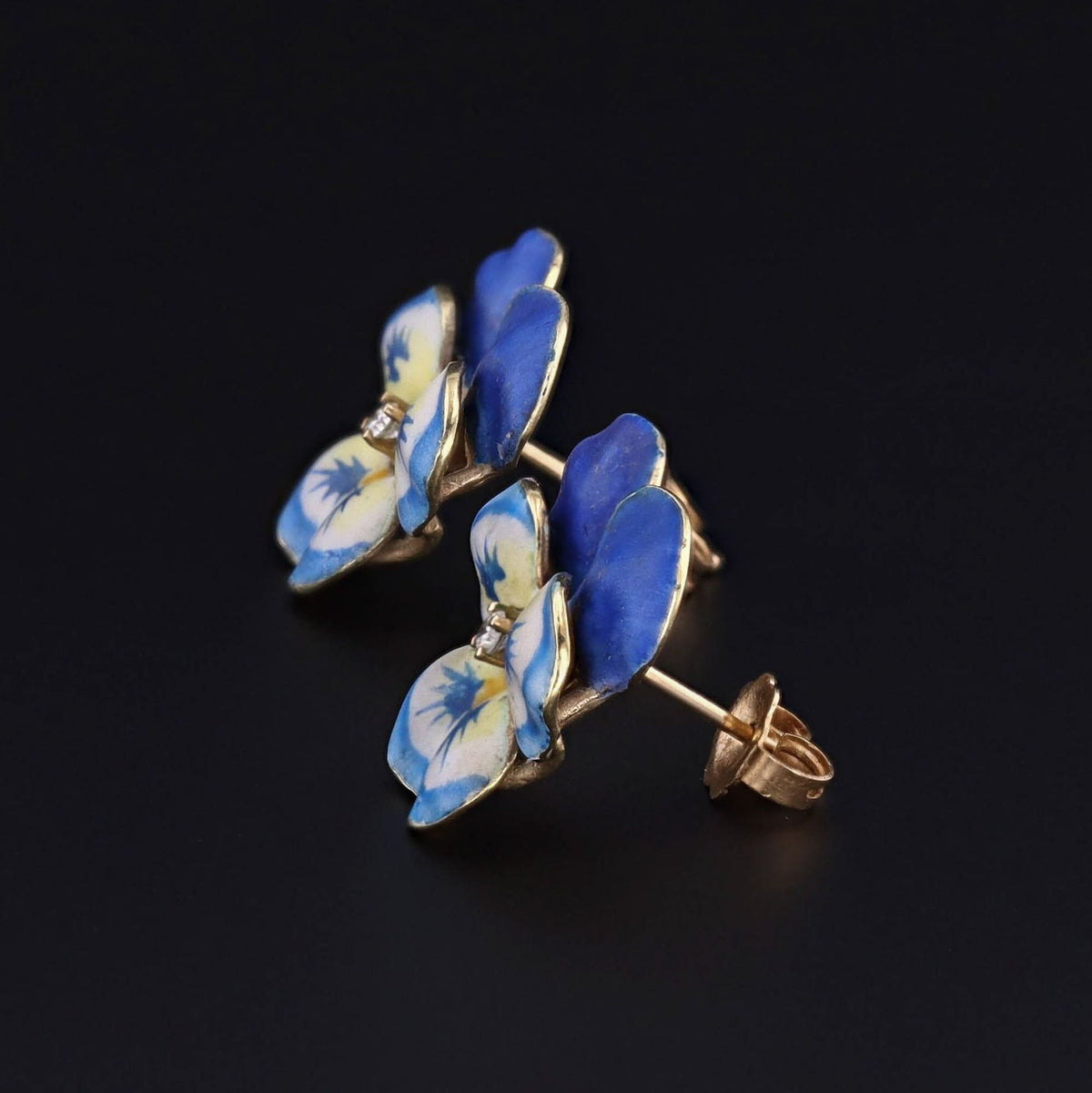 Vintage Pansy Earrings | 14k Gold Enamel &amp; Diamond Pansy Earrings - Trademark Antiques