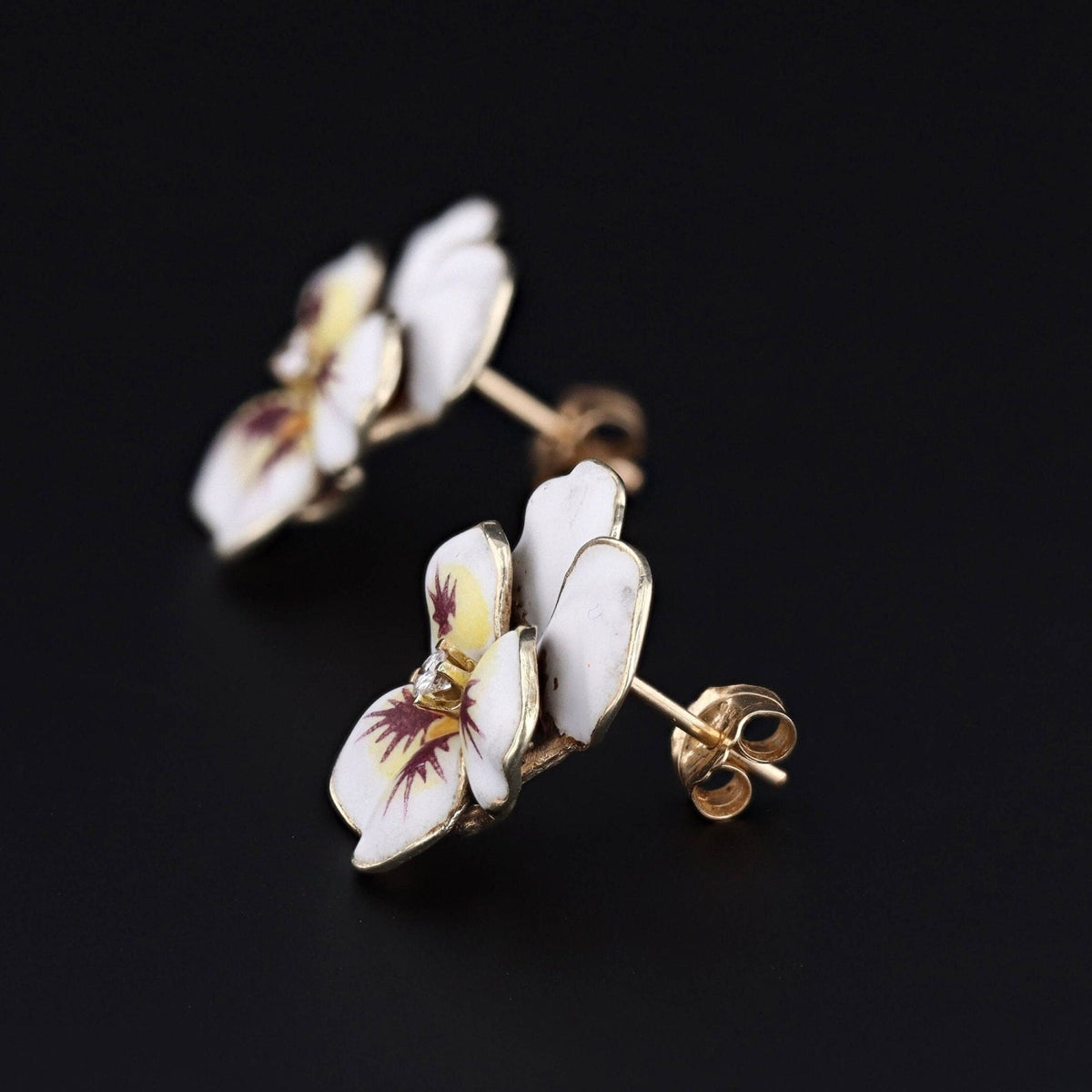 Vintage Pansy Earrings | 14k Gold Enamel &amp; Diamond Pansy Earrings - Trademark Antiques