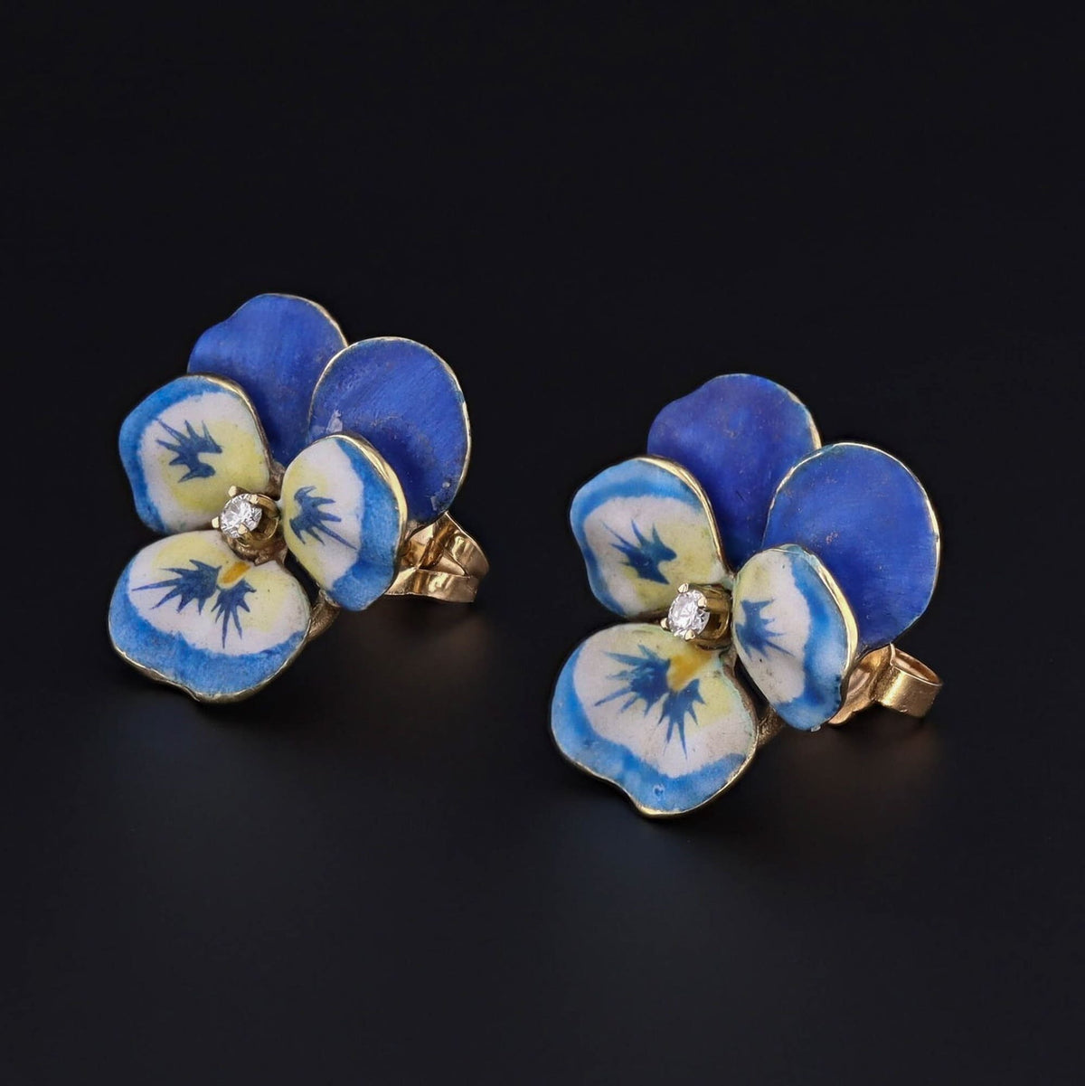 Vintage Pansy Earrings | 14k Gold Enamel &amp; Diamond Pansy Earrings - Trademark Antiques
