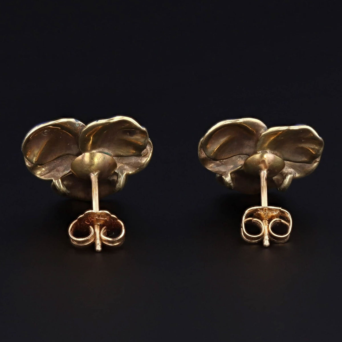 Vintage Pansy Earrings | 14k Gold Enamel &amp; Diamond Pansy Earrings - Trademark Antiques