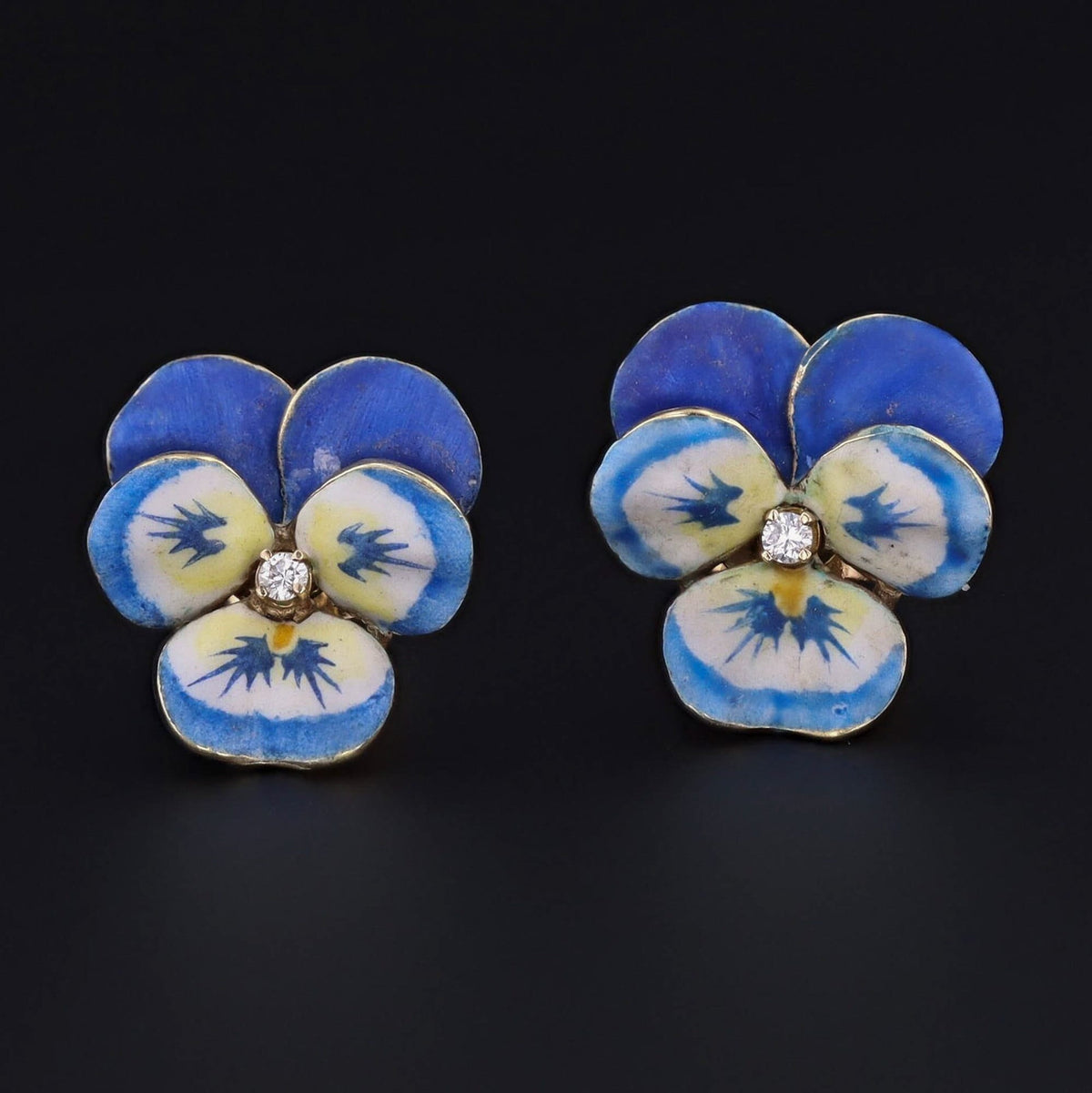Vintage Pansy Earrings | 14k Gold Enamel &amp; Diamond Pansy Earrings - Trademark Antiques