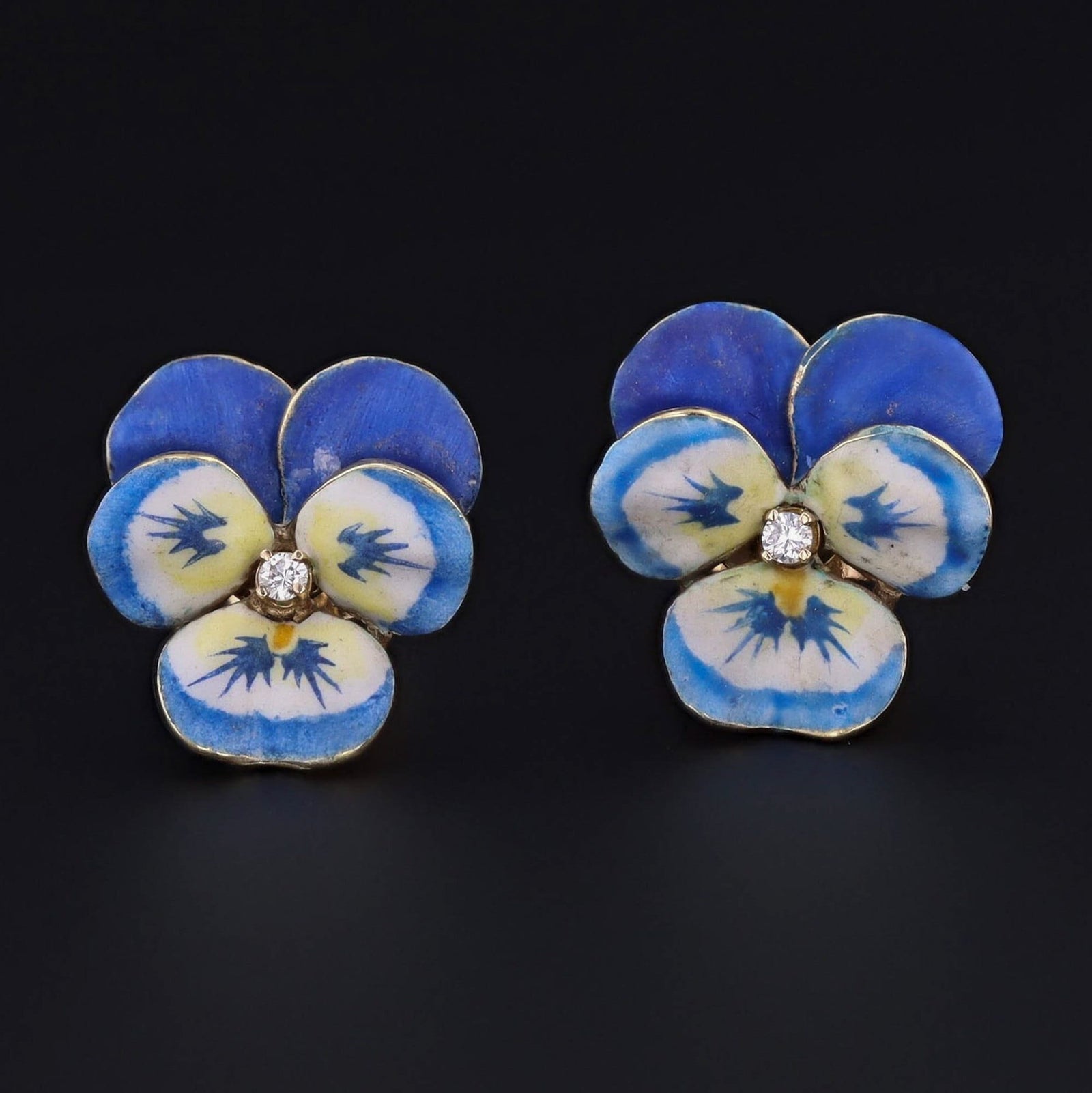 Vintage Pansy Earrings | 14k Gold Enamel & Diamond Pansy Earrings - Trademark Antiques