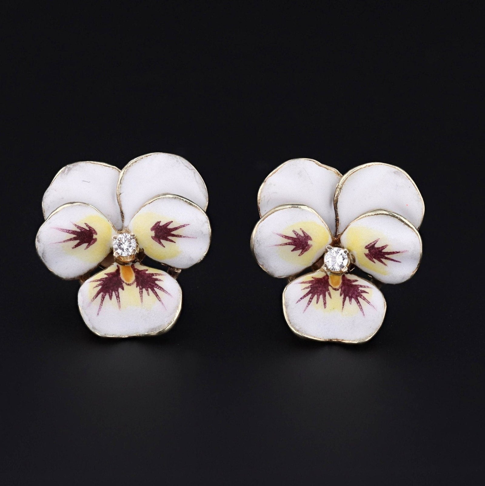 Vintage Pansy Earrings | 14k Gold Enamel & Diamond Pansy Earrings - Trademark Antiques