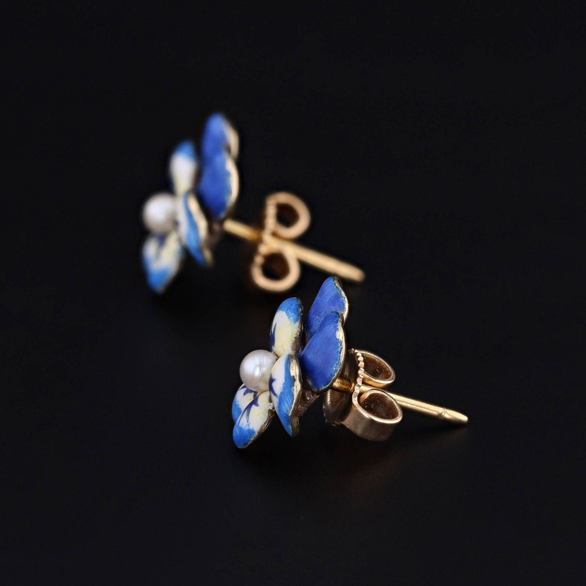 Vintage Pansy Earrings | 14k Gold &amp; Enamel Pansy Earrings - Trademark Antiques