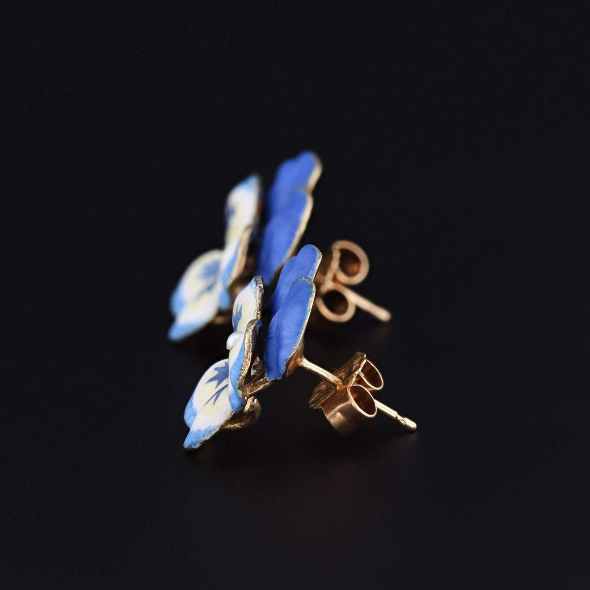 Vintage Pansy Earrings | 14k Gold &amp; Enamel Pansy Earrings - Trademark Antiques