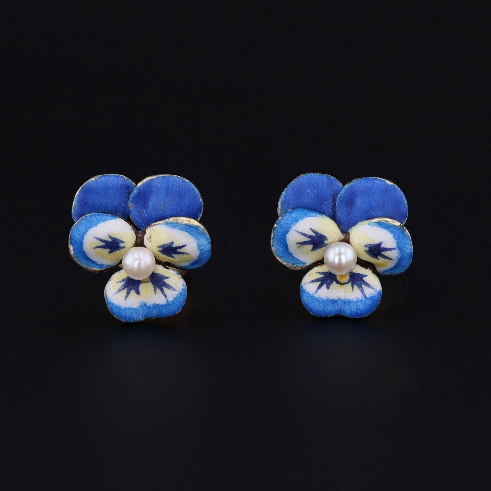 Vintage Pansy Earrings | 14k Gold & Enamel Pansy Earrings - Trademark Antiques