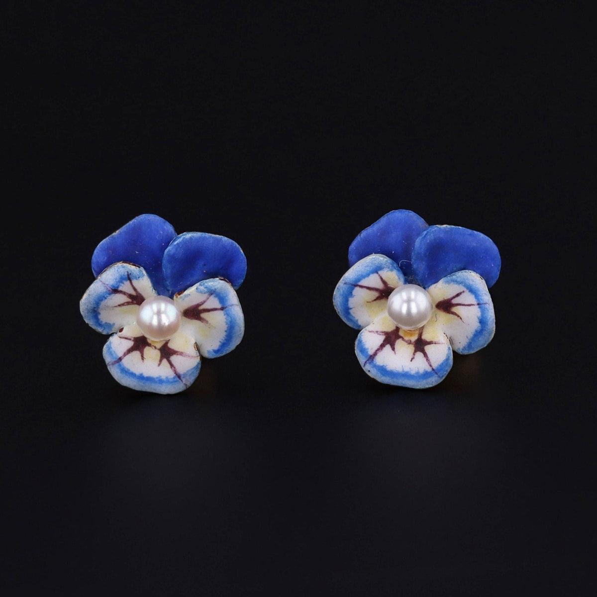 Vintage Pansy Earrings | 14k Gold &amp; Enamel Pansy Earrings - Trademark Antiques