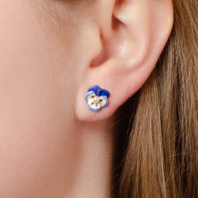Vintage Pansy Earrings | 14k Gold &amp; Enamel Pansy Earrings - Trademark Antiques