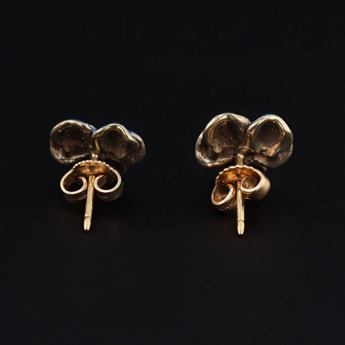 Vintage Pansy Earrings | 14k Gold &amp; Enamel Pansy Earrings - Trademark Antiques