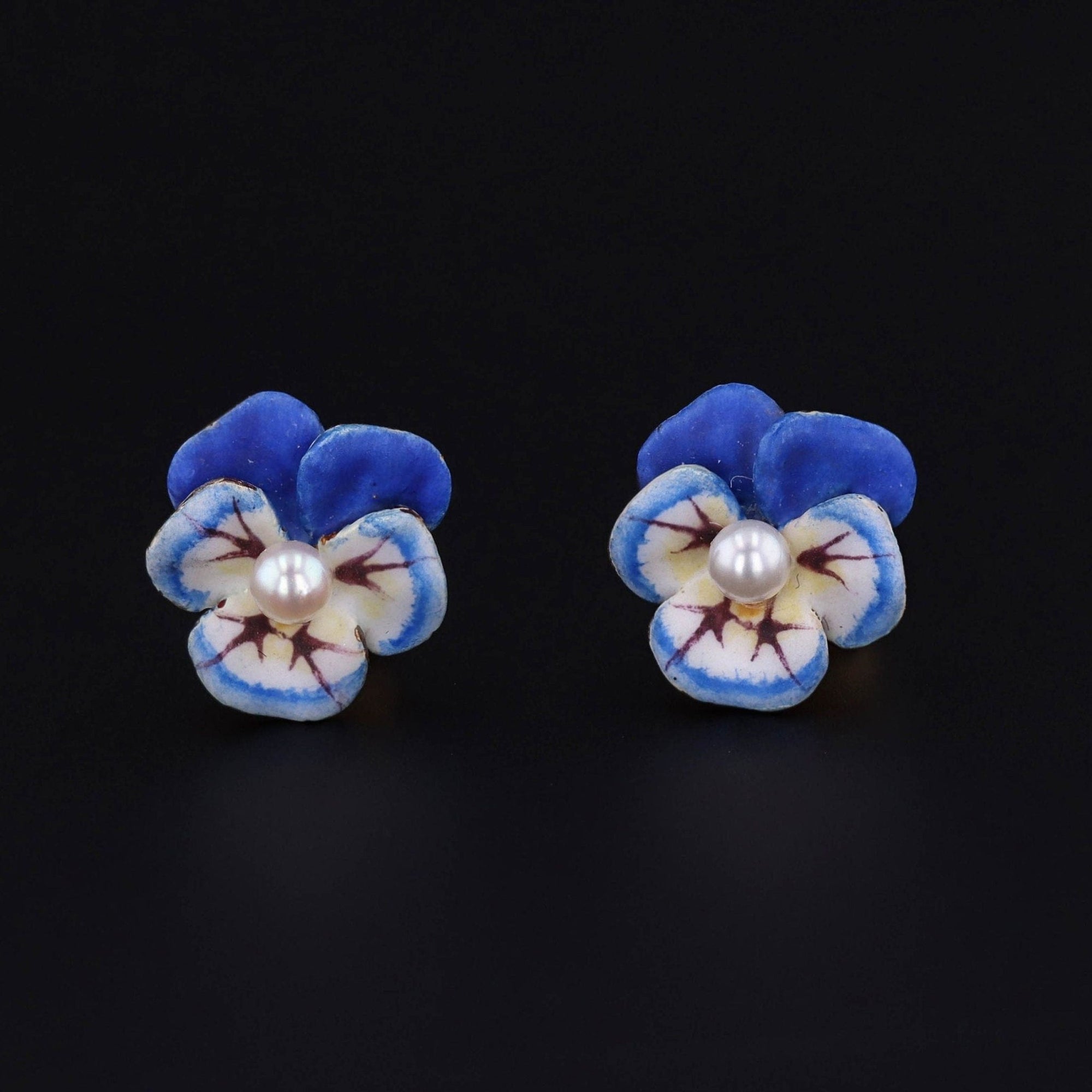 Vintage Pansy Earrings | 14k Gold & Enamel Pansy Earrings - Trademark Antiques