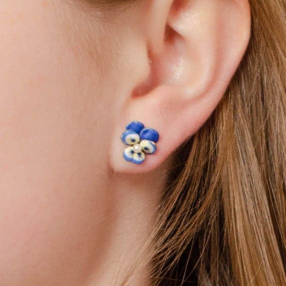 Vintage Pansy Earrings | 14k Gold &amp; Enamel Pansy Earrings - Trademark Antiques