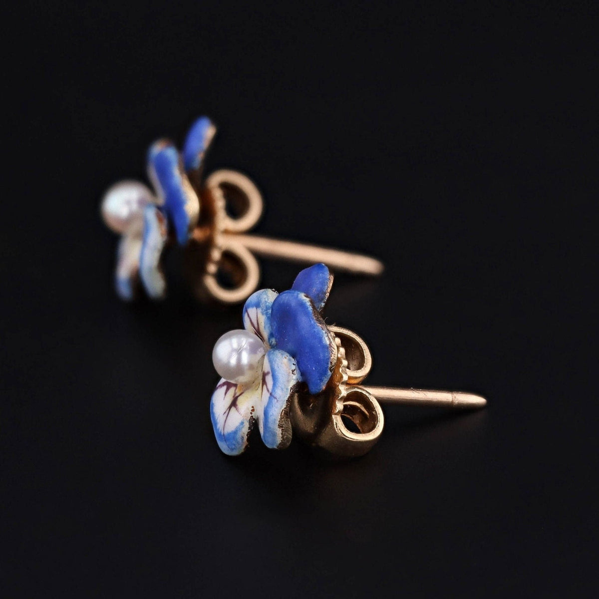 Vintage Pansy Earrings | 14k Gold &amp; Enamel Pansy Earrings - Trademark Antiques